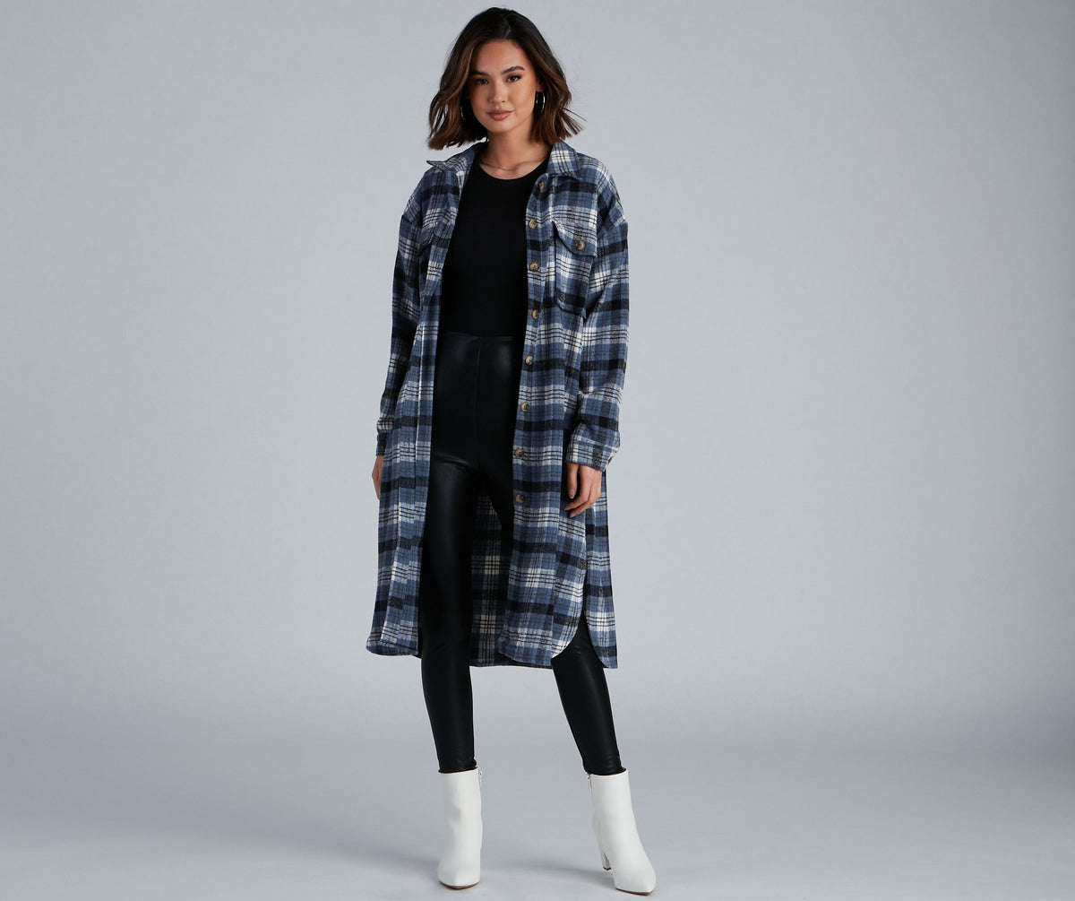 Plaid Button Front Flap Pocket Longline Shacket Coat
