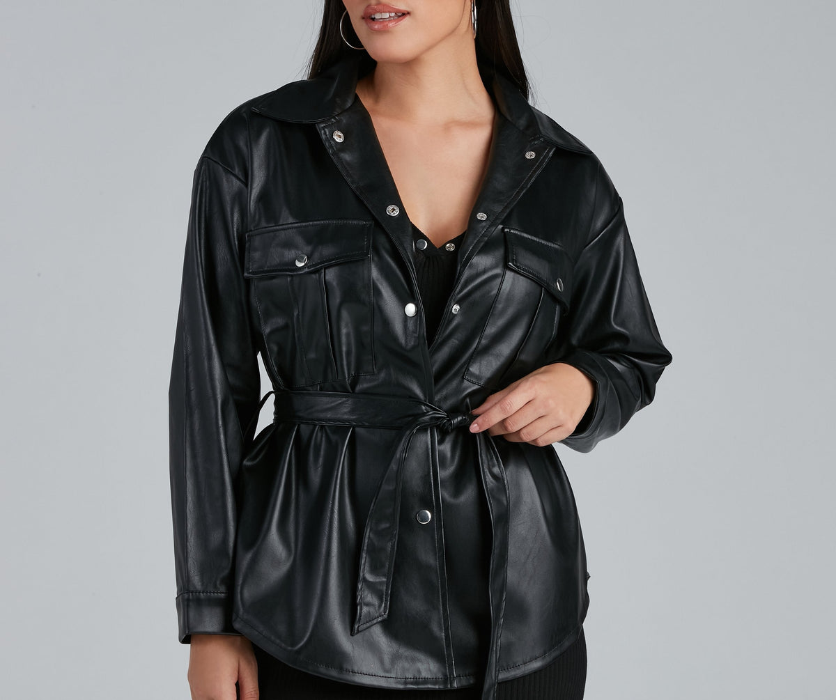 Faux Leather Snap Button Flap Pocket Oversized Shirt Jacket 3