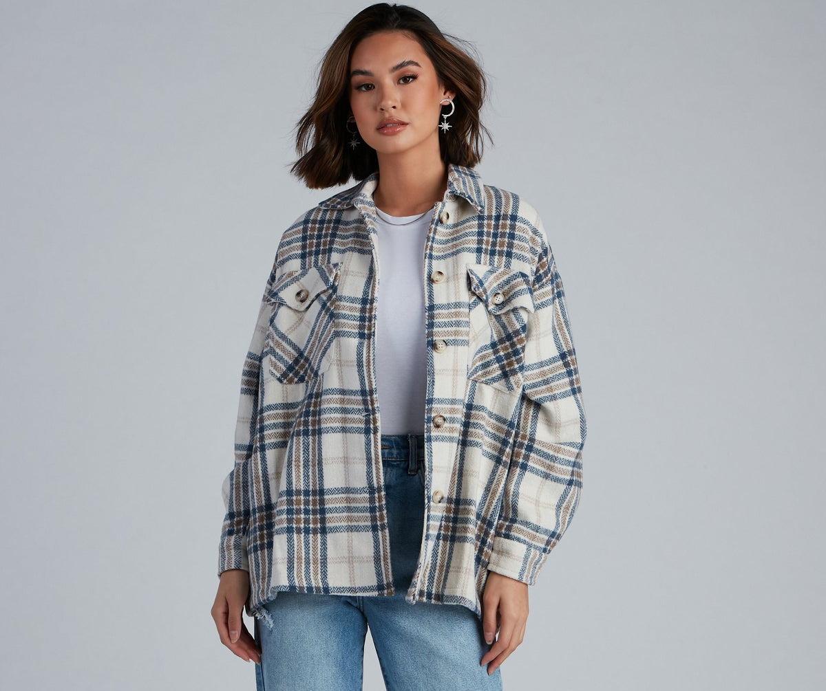 Plaid Oversized Button Front Flap Pocket Frayed Hem Shacket Jacket
