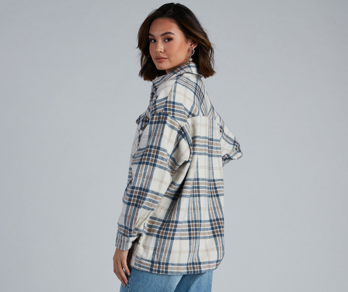 Plaid Oversized Button Front Flap Pocket Frayed Hem Shacket Jacket 2