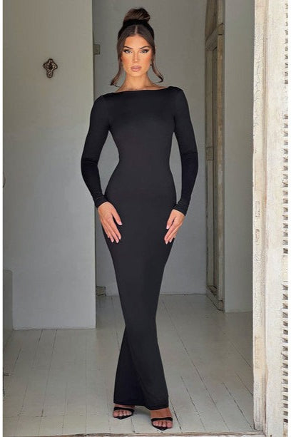 Long Sleeve Open Back Ruched Bodycon Mermaid Maxi Dress