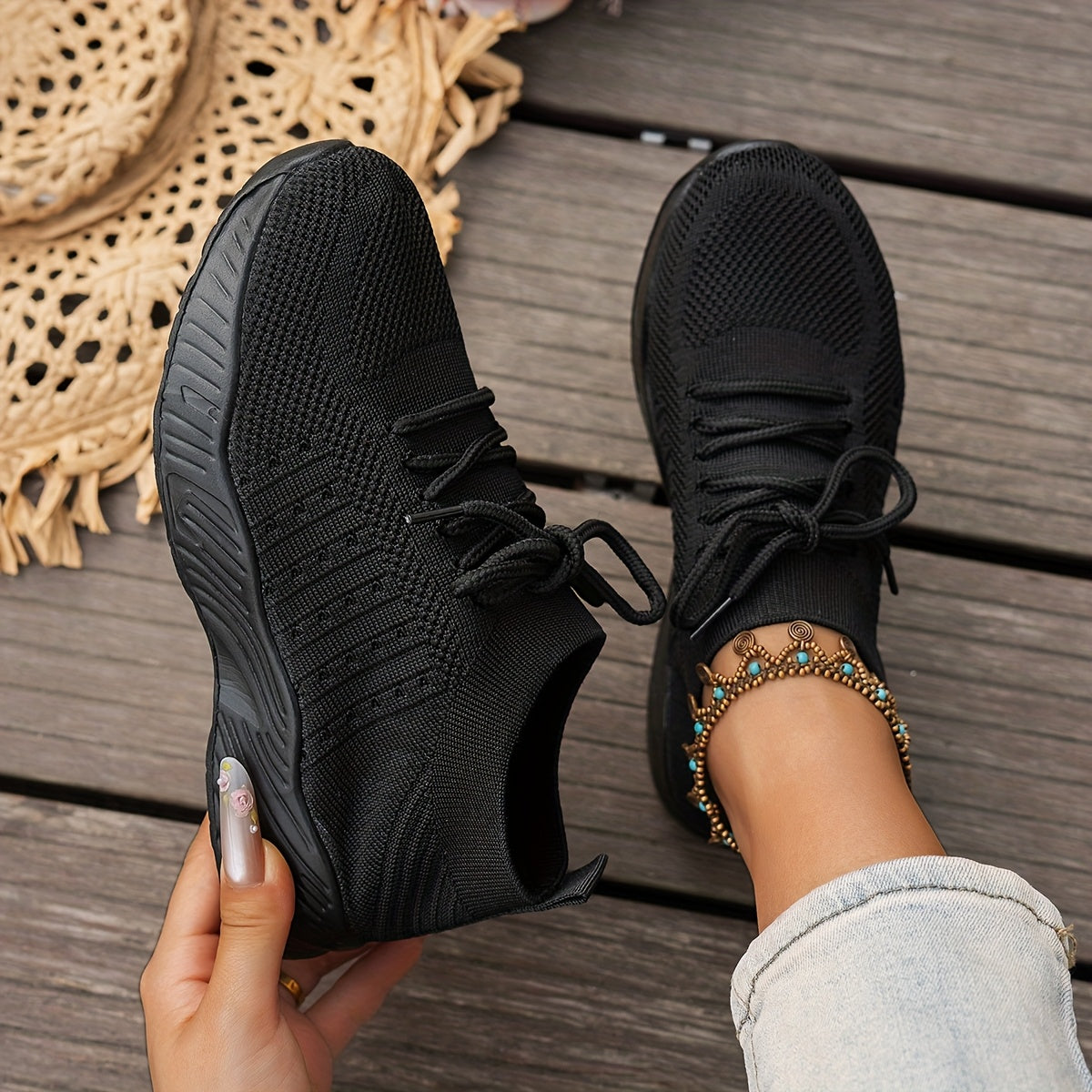 Knit Mesh Lace Up Thick Sole Sneakers