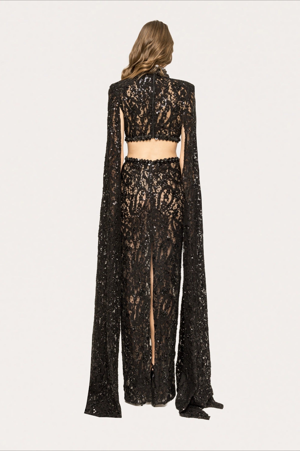Lace Beaded Sequin Slim Cape Reception Dress