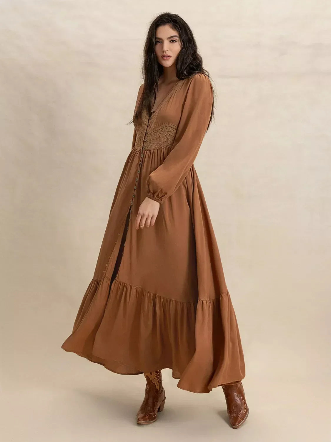 Lace Trim V-Neck Long Sleeve Button Front Tiered Maxi Dress 4