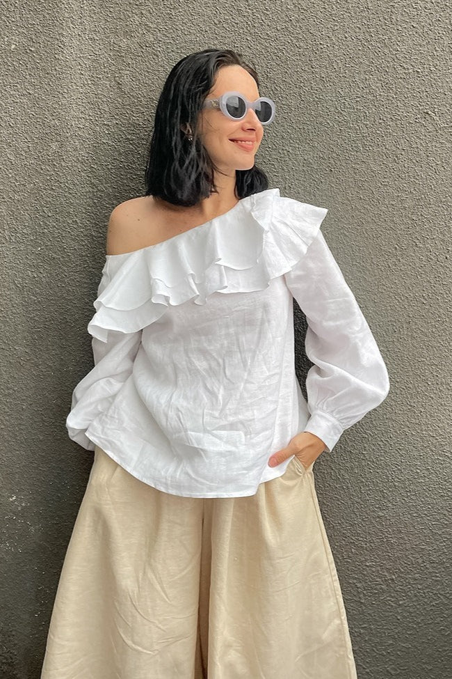 One Shoulder Tiered Ruffle Long Sleeve Linen-Look Blouse 4