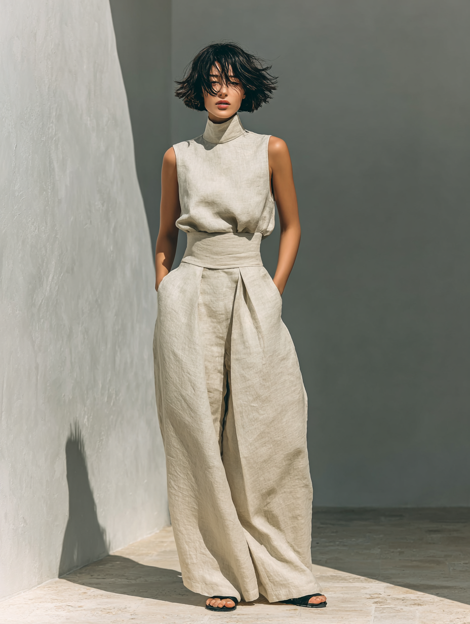Sleeveless High Neck Top and Wide Leg Pants Two Piece Set