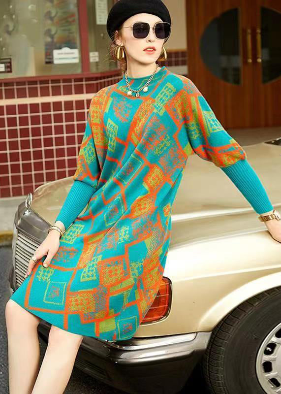 Geometric Pattern Knit Mock Neck Batwing Sleeve Ribbed Cuff Shift Midi Dress