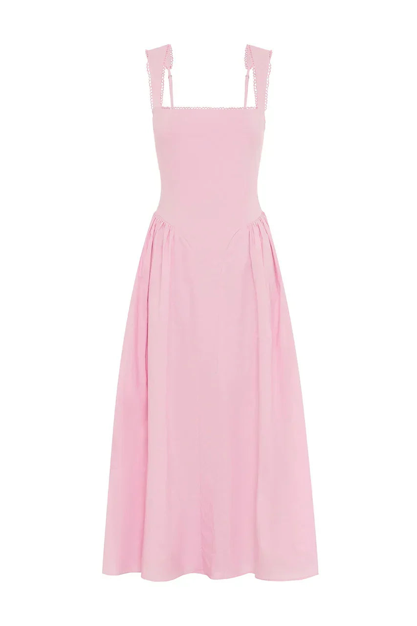 Square Neck Stitch Trim Drop Waist Pleated Midi Dress 8