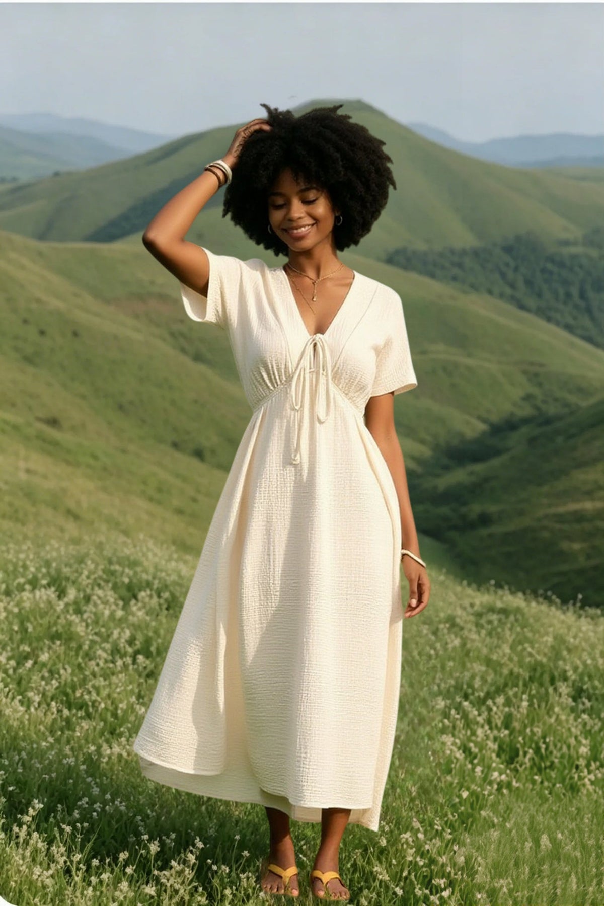 Textured V-Neck Short Sleeve Tie Front Empire Waist Midi Dress