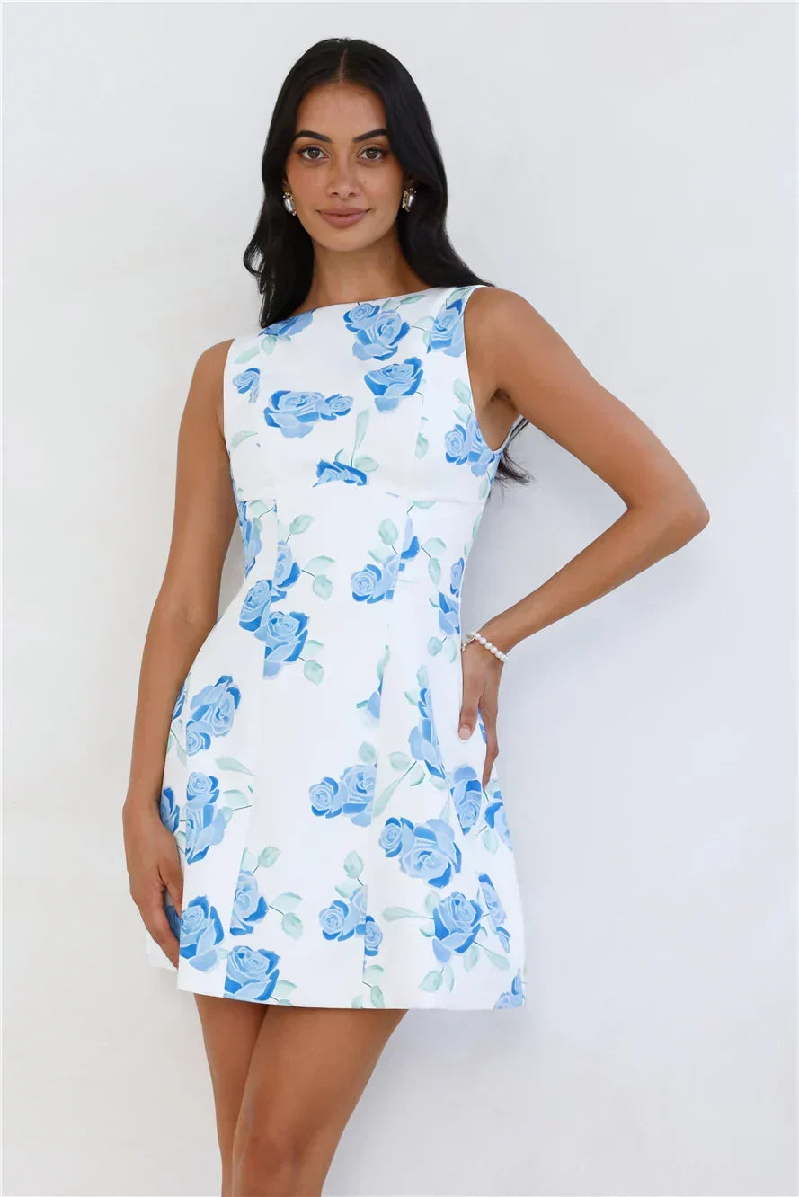 Rose Print Boat Neck Sleeveless Fit and Flare Mini Dress 11