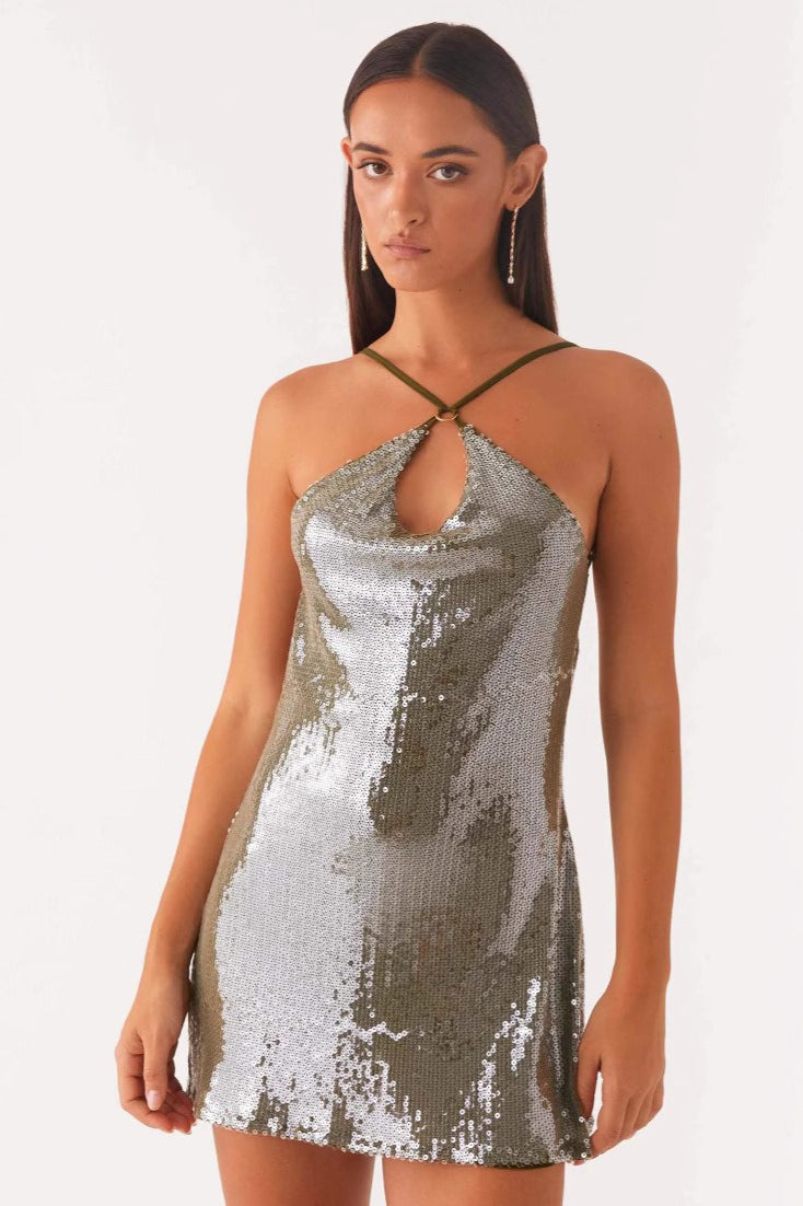 Sequin Halter Neck Backless Cowl Slip Mini Dress