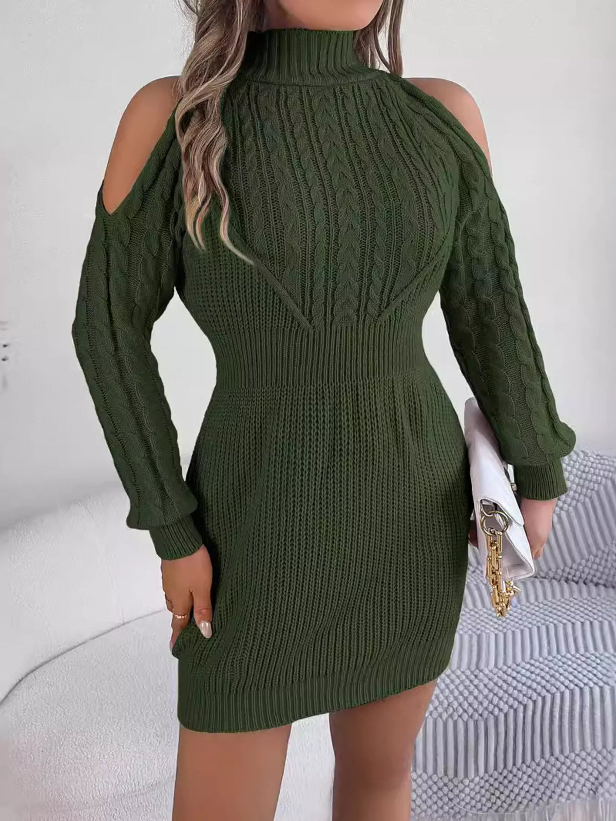 Cold Shoulder Cable Knit Turtleneck Long Sleeve Sweater Dress 7
