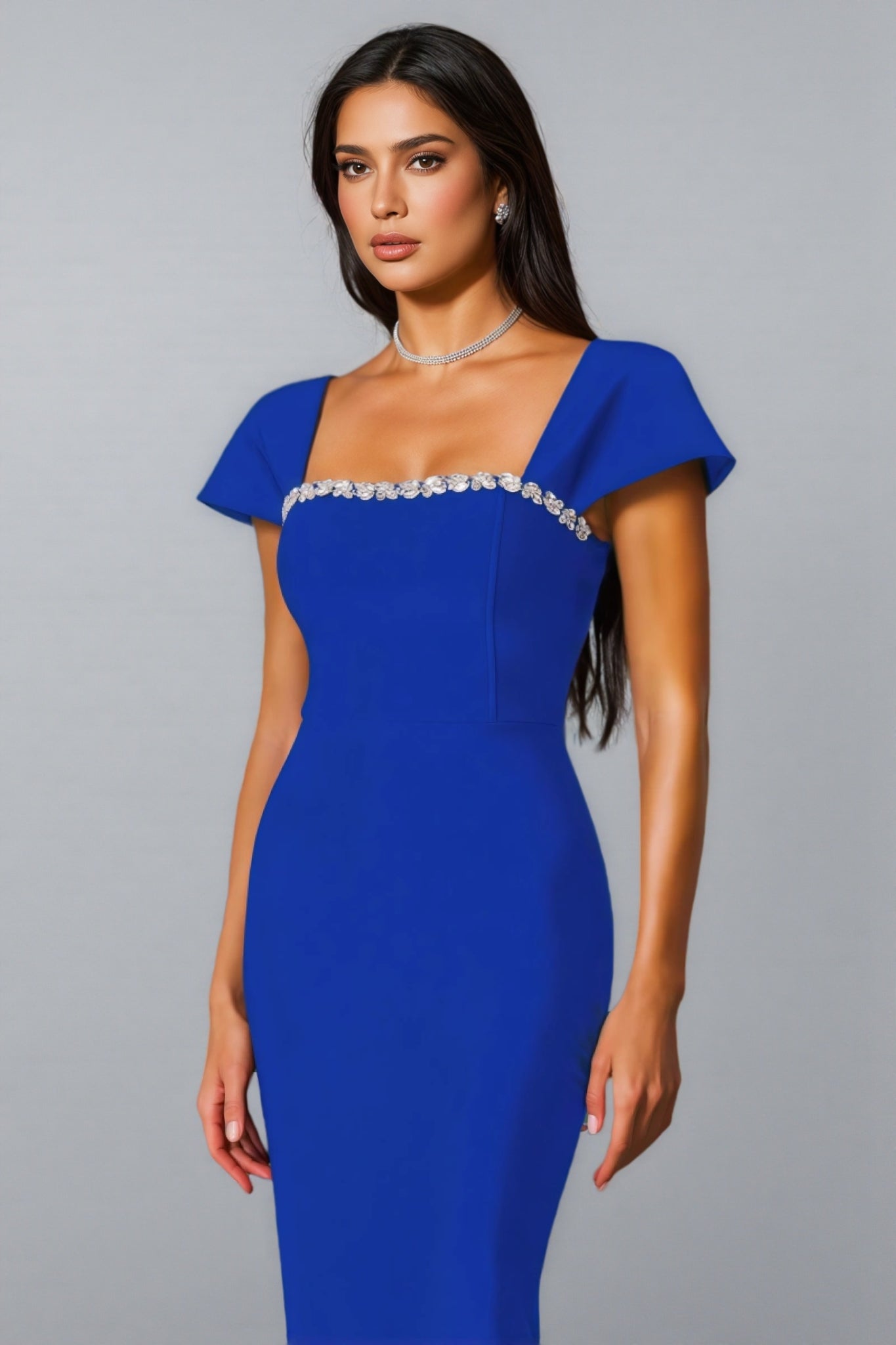 Rhinestone Trim Square Neck Flared Cap Sleeve Bandage Column Maxi Gown