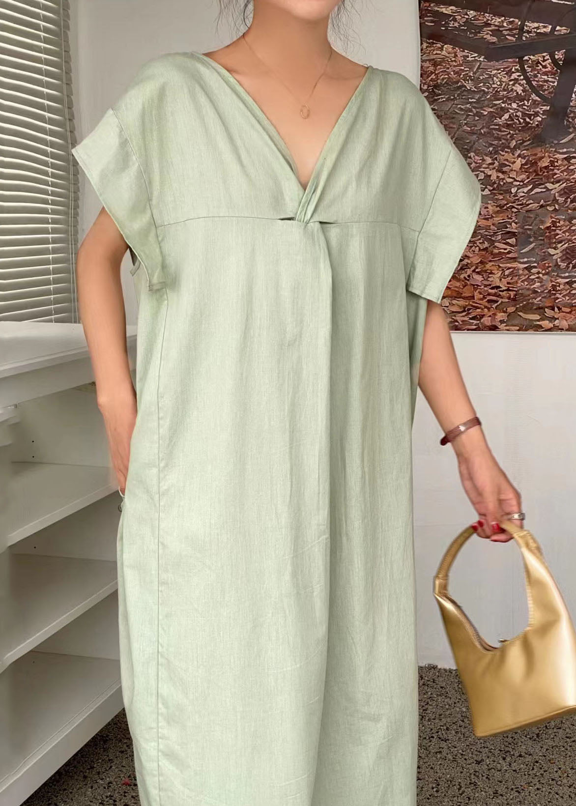 Linen Texture V-Neck Twist Front Cap Sleeve Pocket Oversized Midi Dress