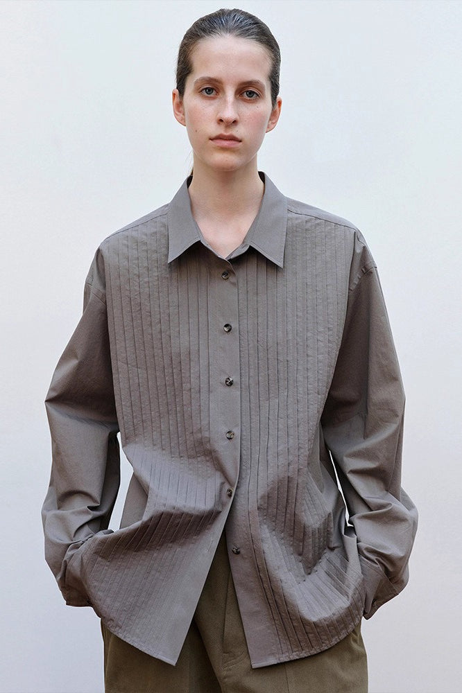 Pintuck Pleated Front Collared Button Up Long Sleeve Shirt 3