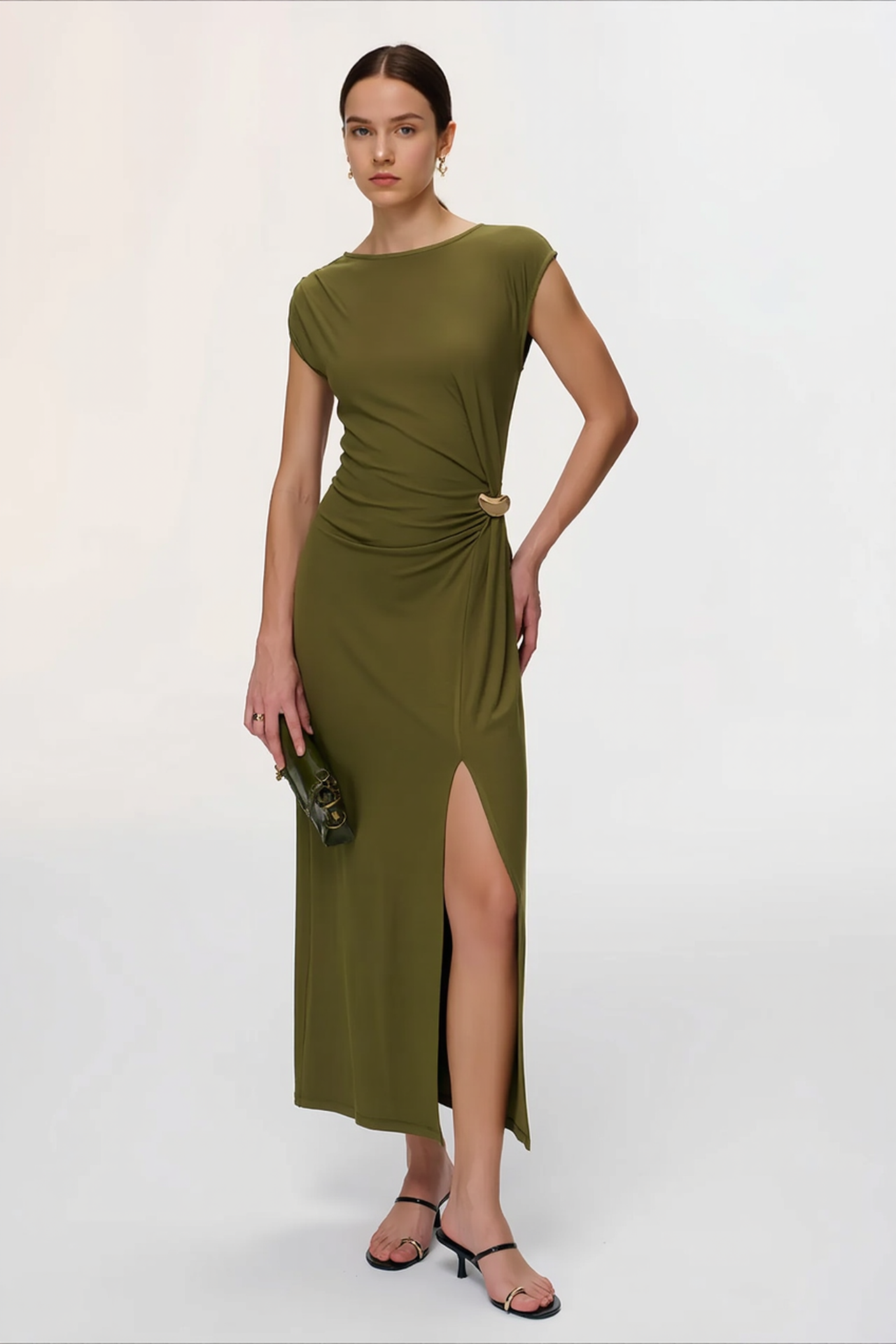 Slim Sleeveless Buckle High Slit Work Dress