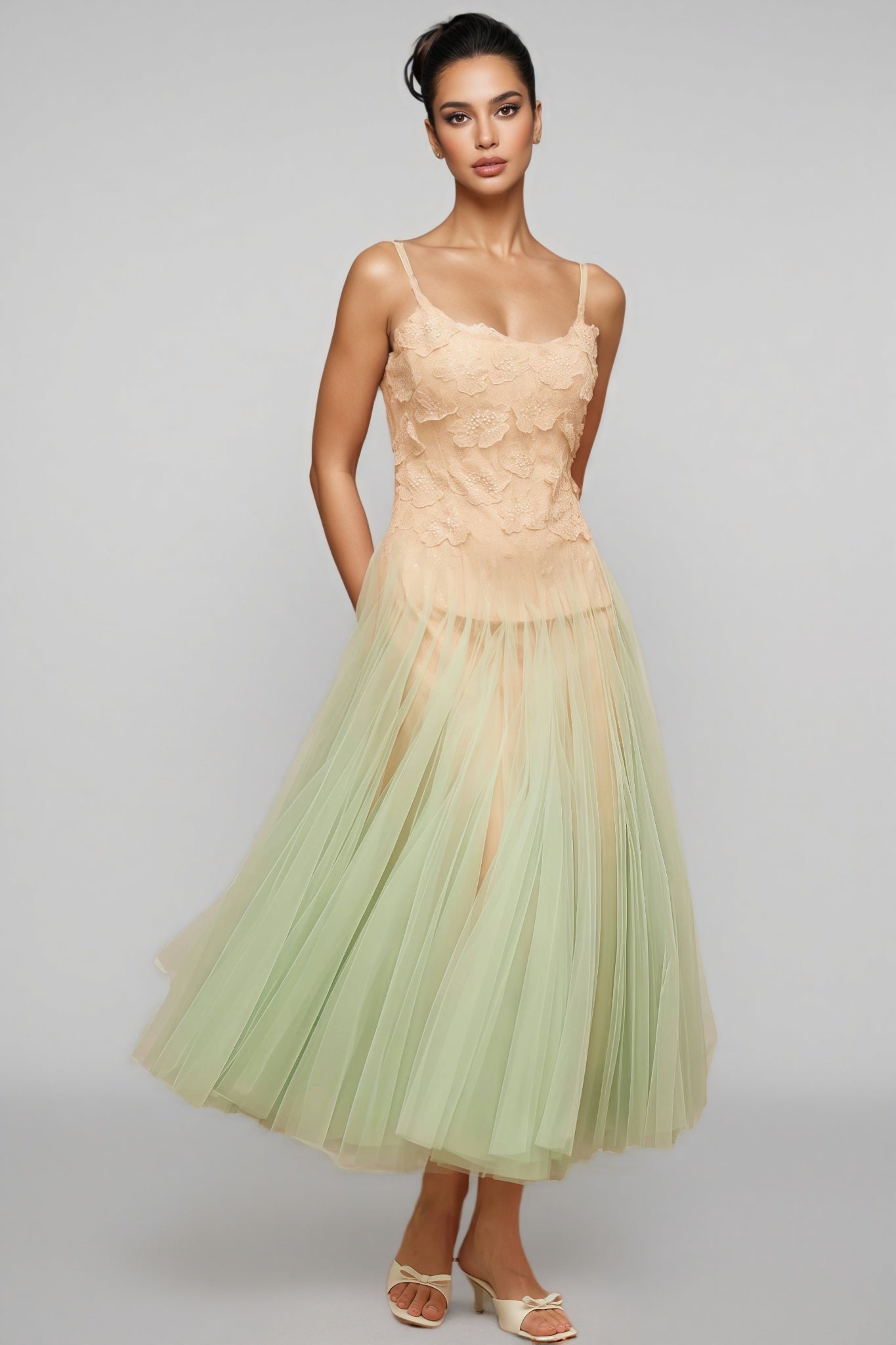 Ylane Halter Mesh Puff Maxi Dress - View 2