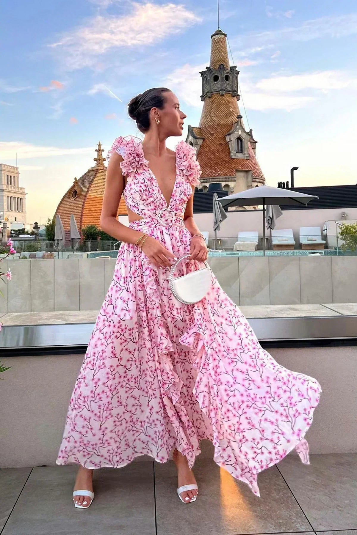 Floral Print Deep V-Neck Ruffle Shoulder Cut Out Midi Dress 3