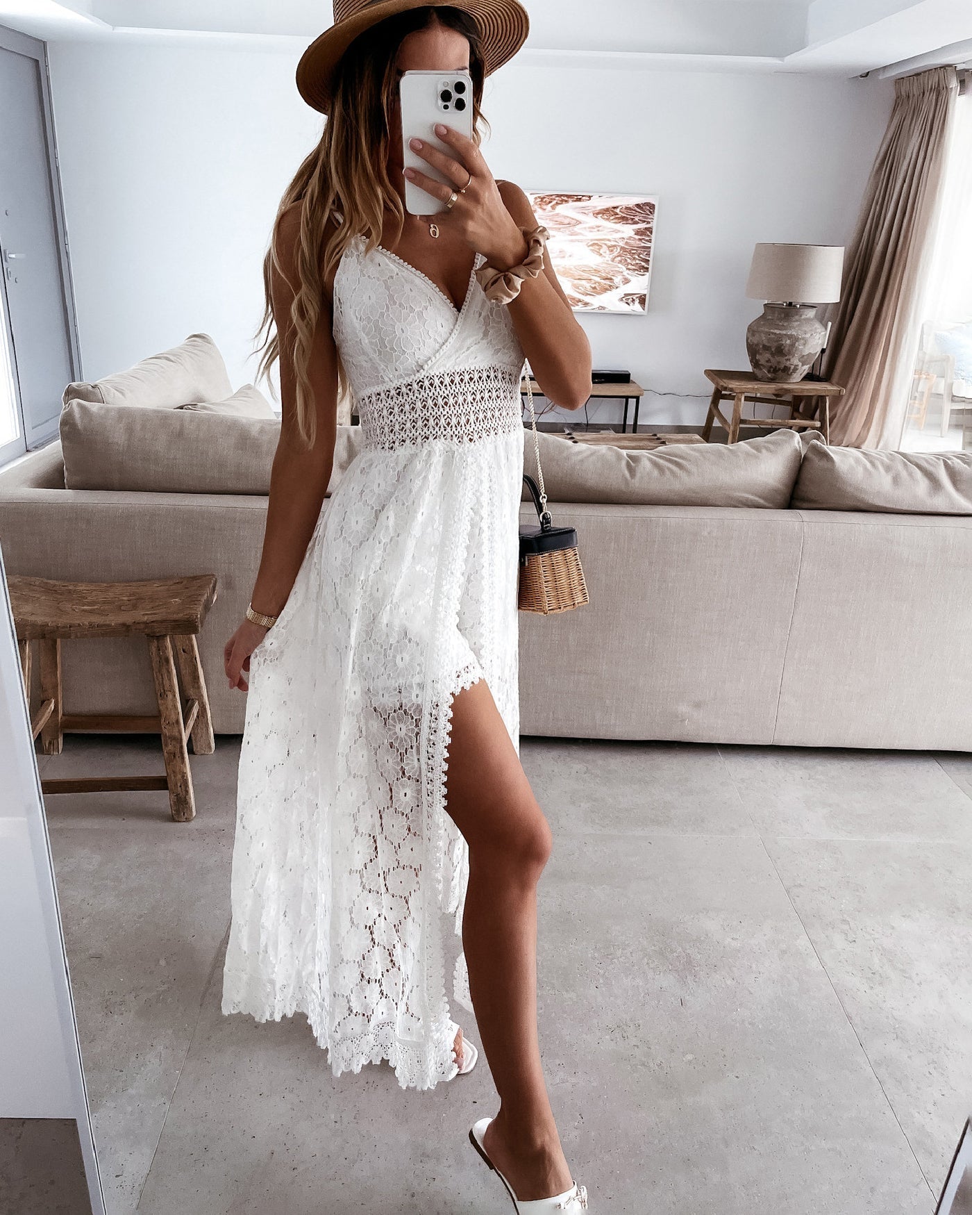 Lace Spaghetti Strap Smocked Bodice Crochet Hem Lace Trim Maxi Dress
