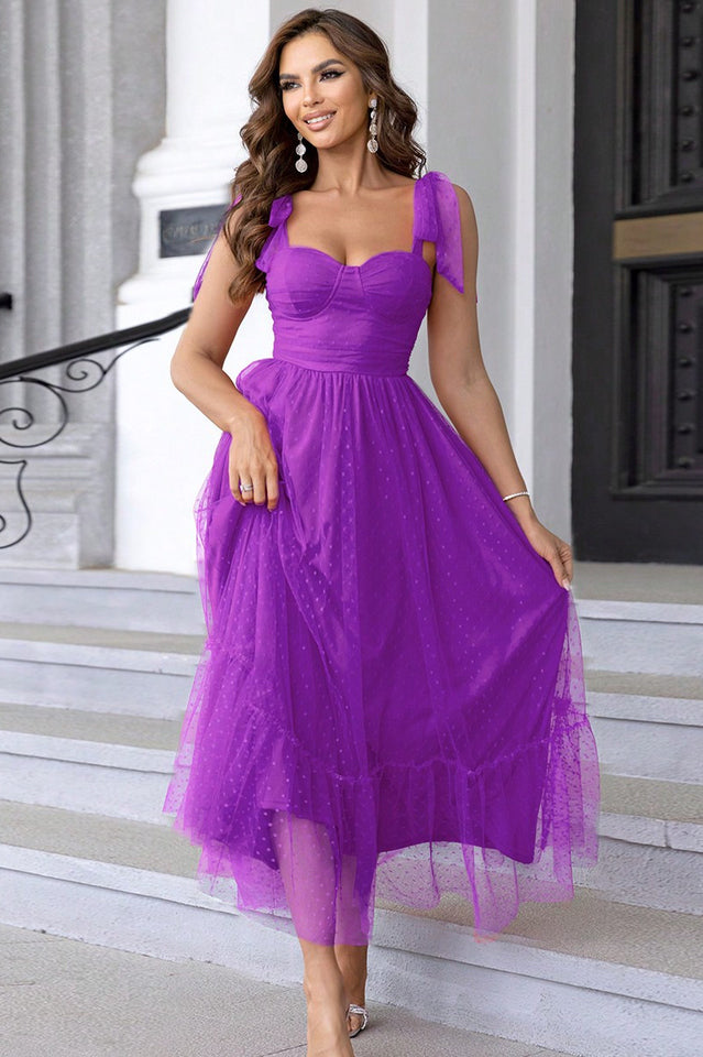 Tulle Swiss Dot Bustier Sweetheart Tie Shoulder Tiered Ruffle Maxi Dress