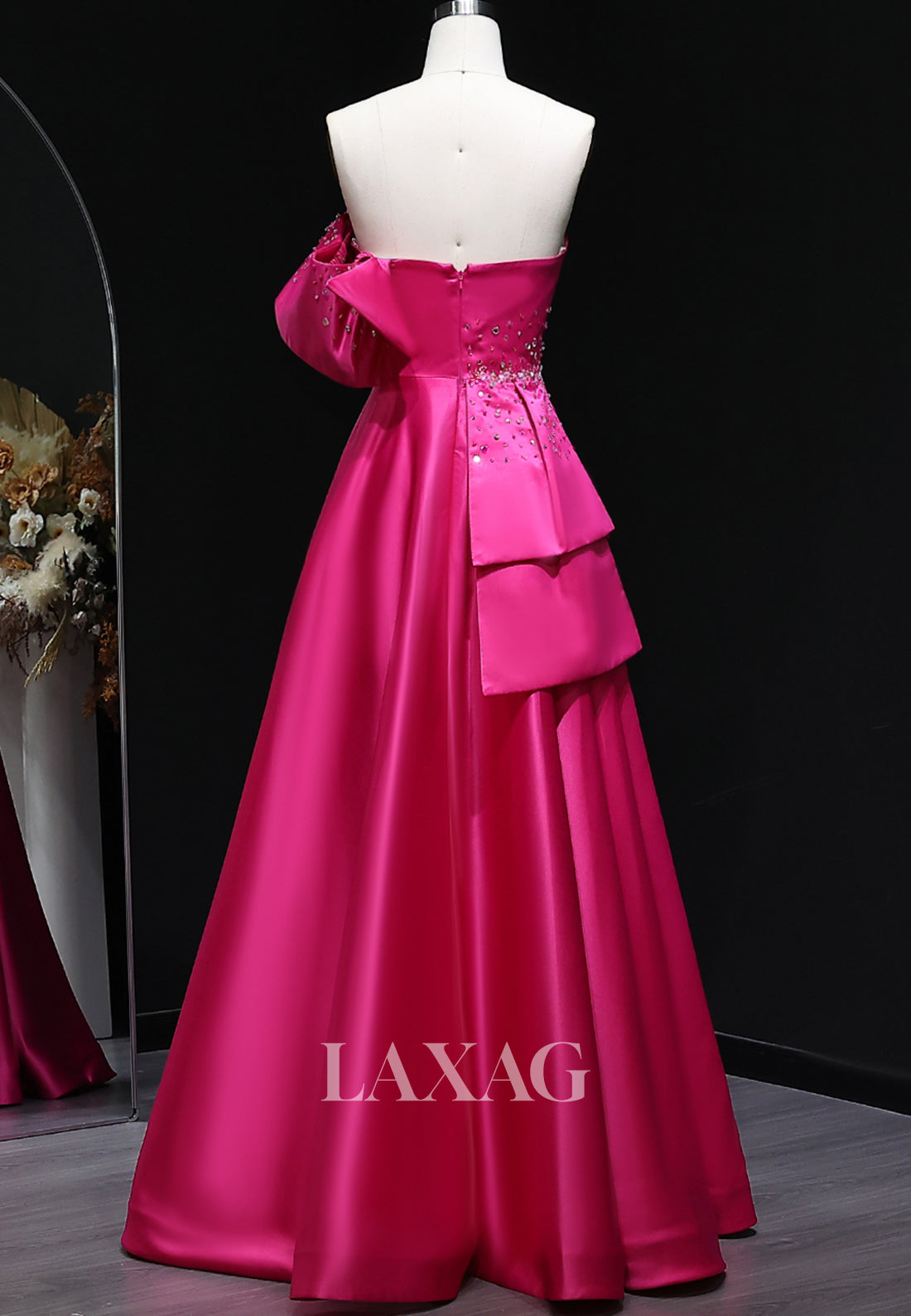 Tube Top Beaded Pleated Satin Formal Gowns Sleeveless Floor-Length A-Line Evening Dress