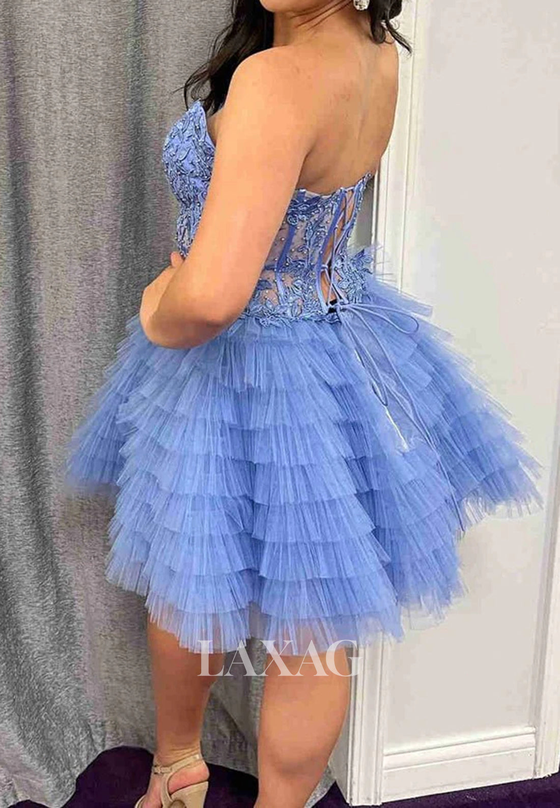 Sweetheart Off-Shoulder Applique Pleated Tulle Tiered Short Mermaid Homecoming Dress