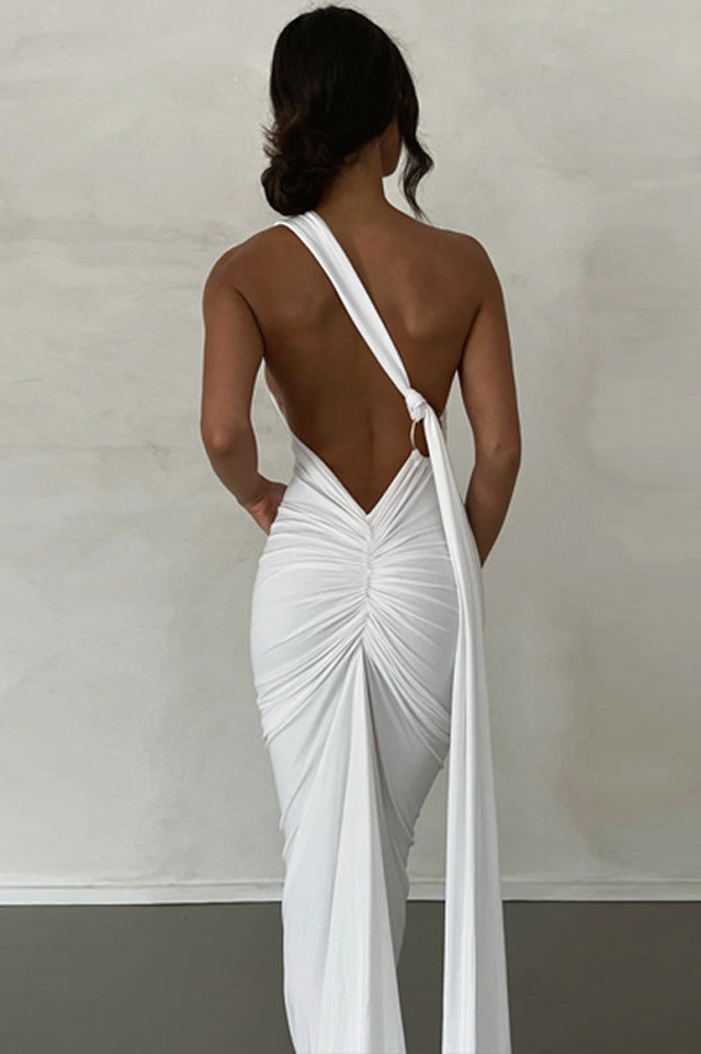One Shoulder Ruched Open Back Trailing Sash Floor Length Gown