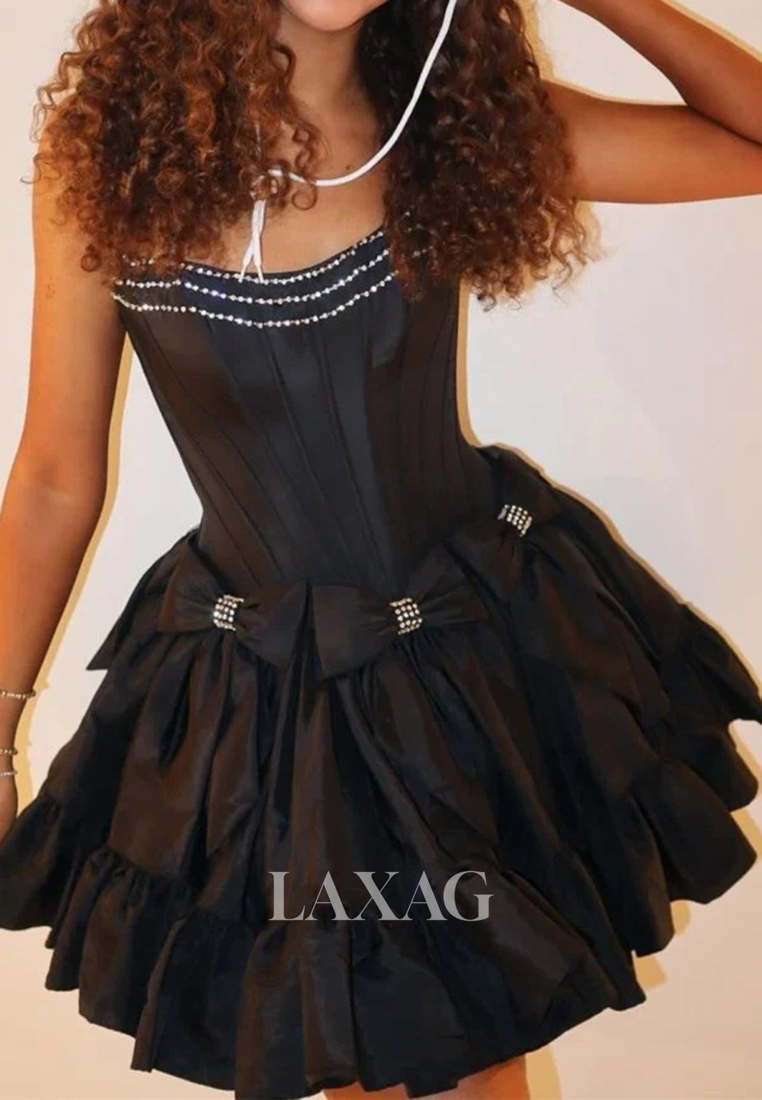 Scoop-Neck Sleeveless Beaded Pleated Satin A-Line Party Homecoming Dress with Bows