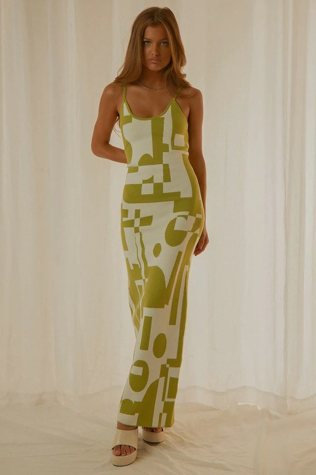 Abstract Print Knit Spaghetti Strap Bodycon Maxi Dress