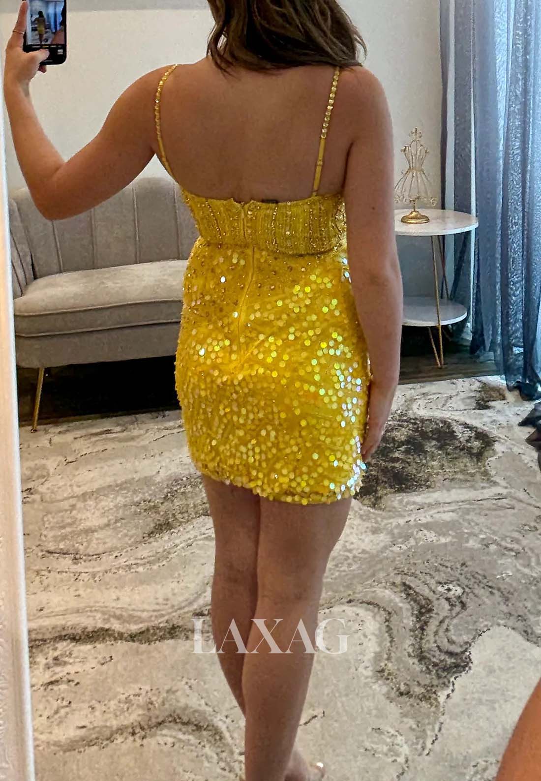 Deep V-Neck Spaghetti Straps Beaded Sequined Rhinestone Mermaid Homecoming Dress