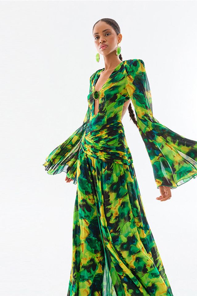 Bell Sleeve Printed Gown
