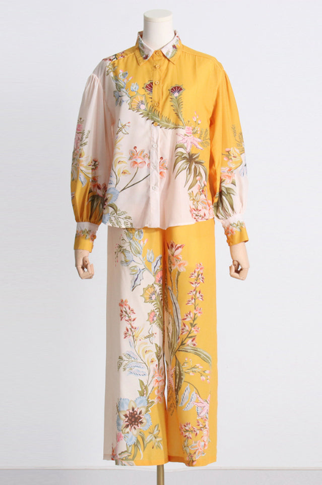 Floral Print Long Sleeve Button Shirt and Wide Leg Pants Two Piece Set 7