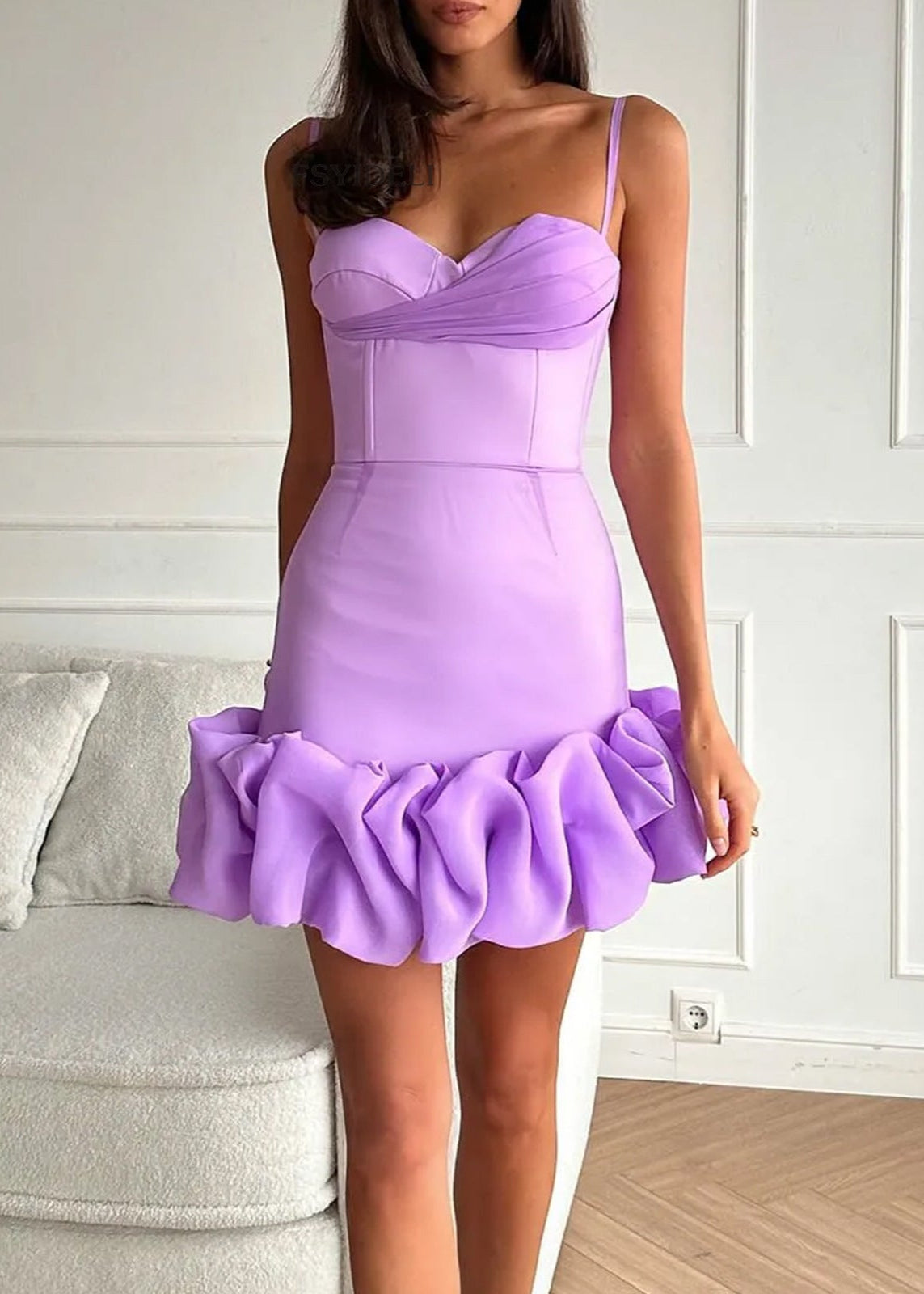 Spaghetti Strap Sweetheart Ruffle Hem Bodycon Mini Dress