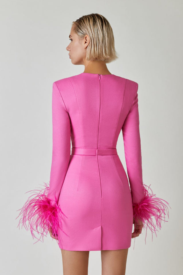 Feather Cuff Long Sleeve Sweetheart Bustier Bandage Mini Dress 4