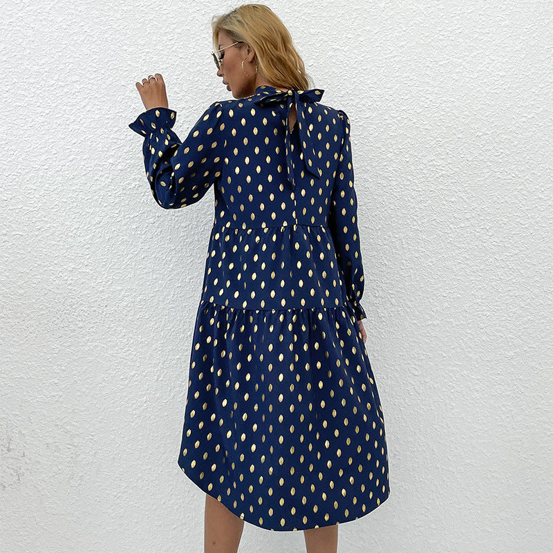 Mock Neck Long Sleeve Tiered High Low Metallic Polka Dot Babydoll Dress