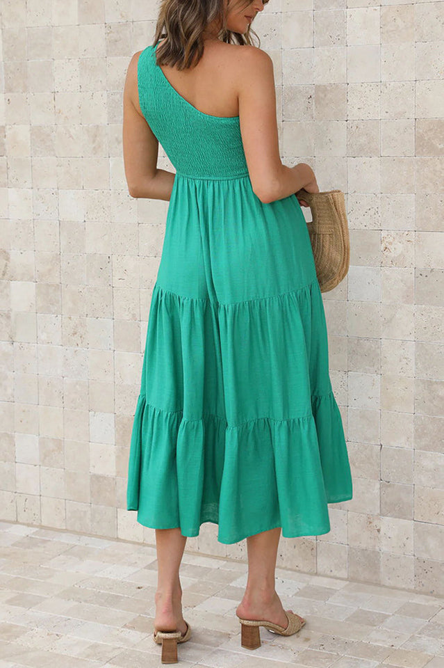One Shoulder Smocked Bodice Sleeveless Tiered Midi Summer Dress 5