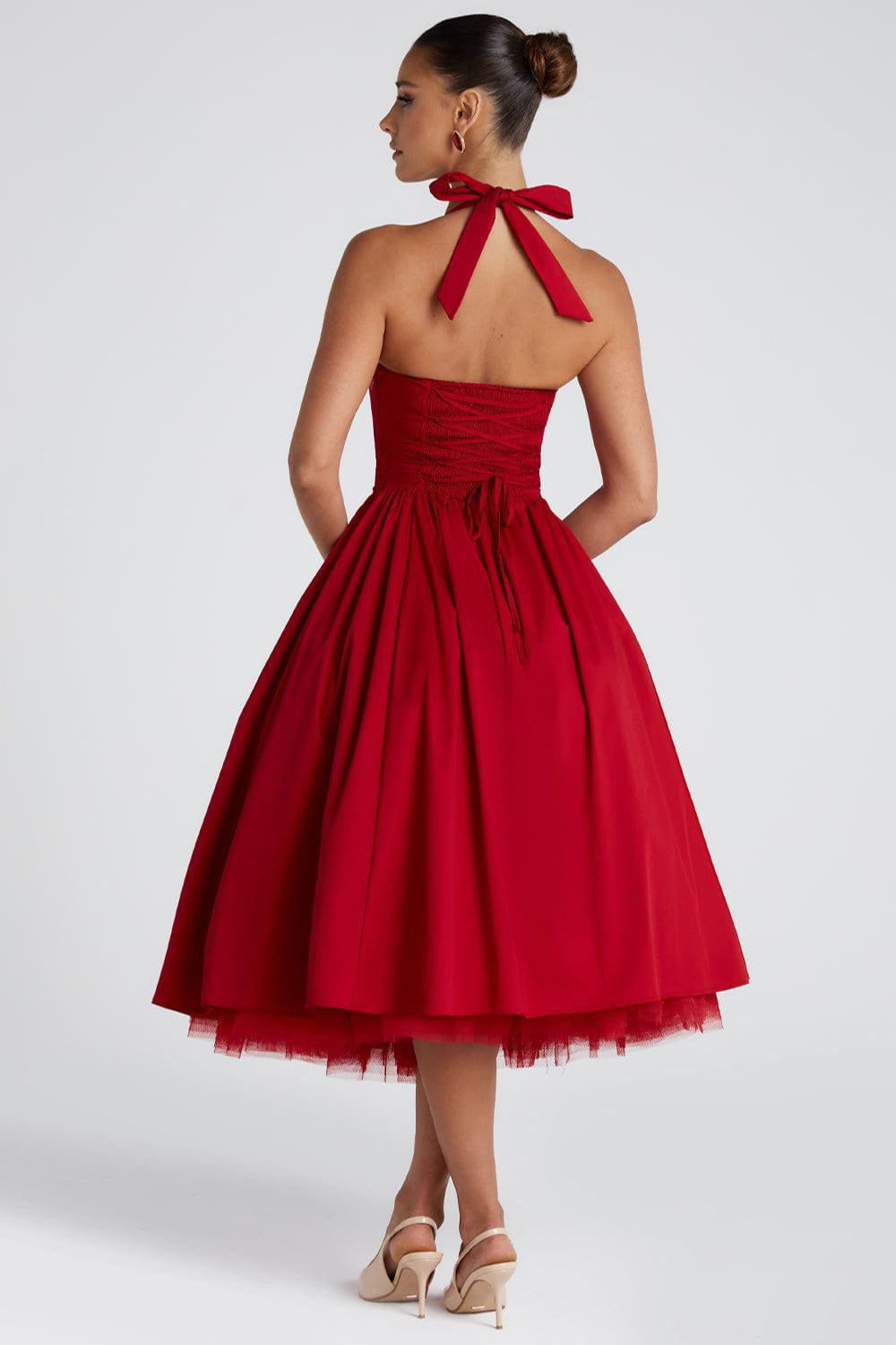 Halter Neck Basque Waist Pocket Gathered A-Line Midi Party Dress