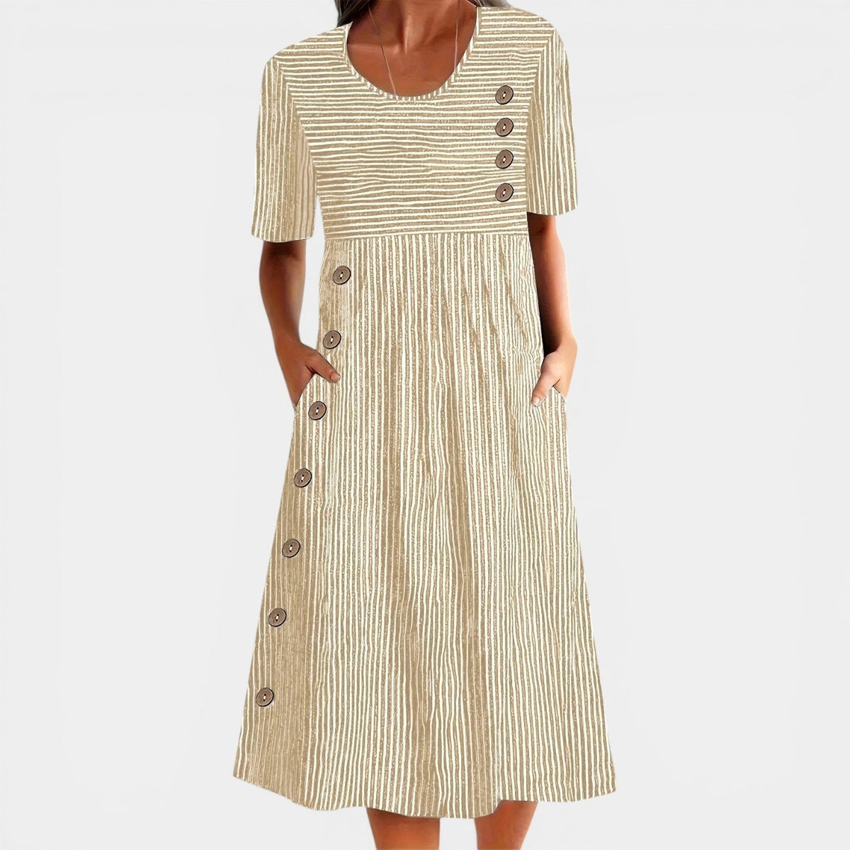Striped Round Neck Short Sleeve Button Detail Midi Dress
