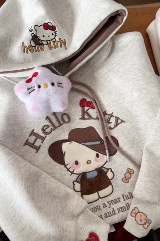 Cartoon Cat Embroidered Plush Charm Drawstring Pullover Hoodie