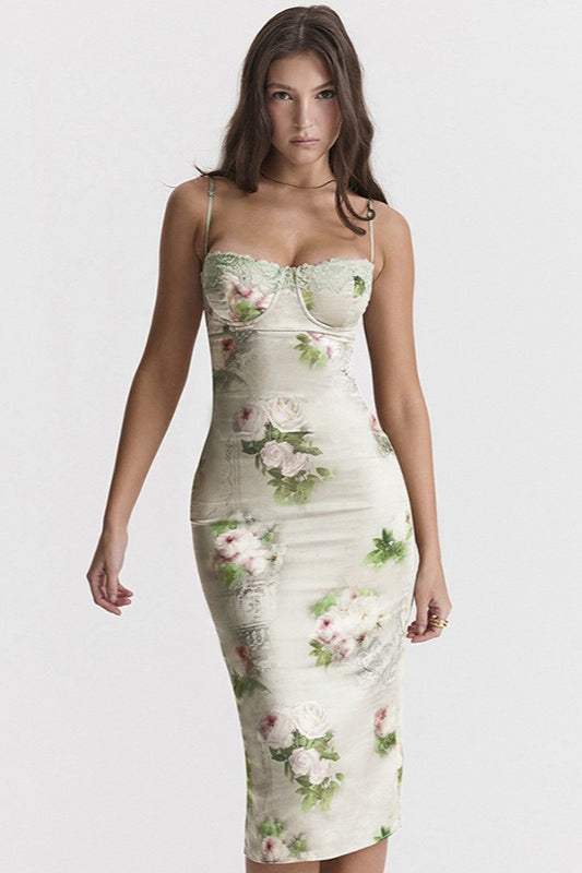 Floral Satin Spaghetti Strap Lace Trim Ruched Midi Dress