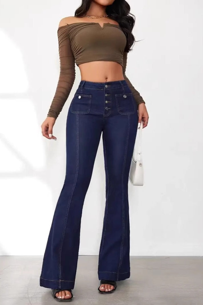 High Waist Button Front Patch Pocket Seamed Flare Denim Jeans 2