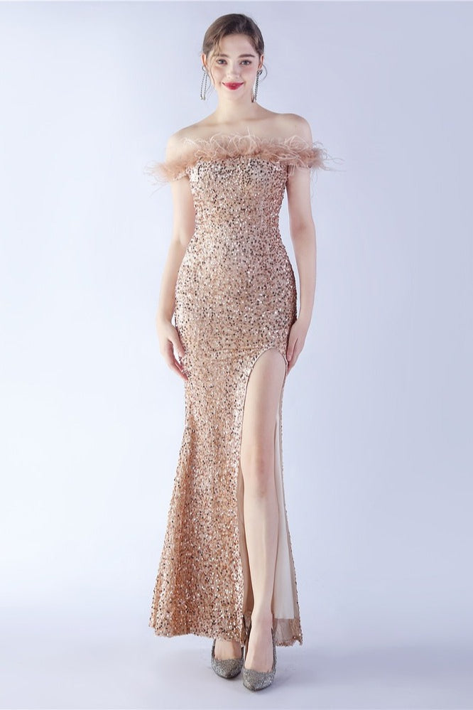 Sequin Off Shoulder Feather Trim High Split Mermaid Gown