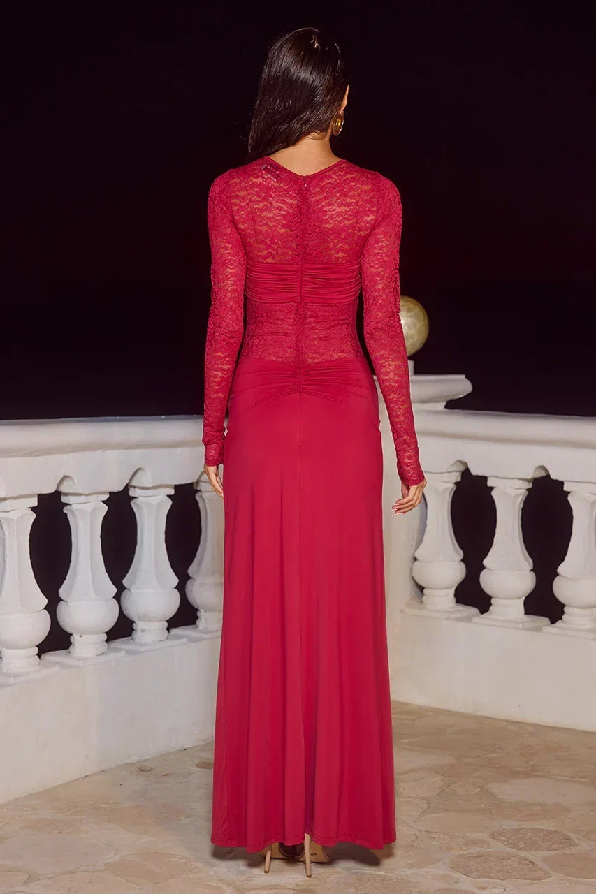 LARNA LACE LONG SLEEVE MAXI DRESS - CHERRY