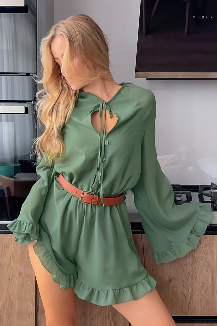 Tie Neck Keyhole Flared Long Sleeve Ruffle Hem Romper