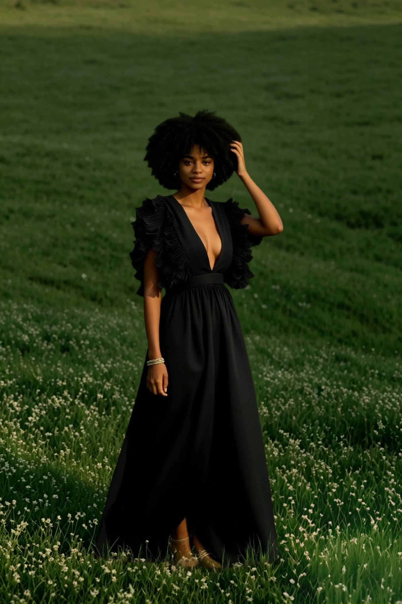 V Neck Ruffled High Waist Dress
