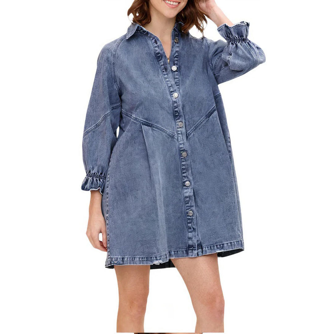 Denim Collared Long Sleeve Button Front Ruffle Cuff Mini Shirt Dress