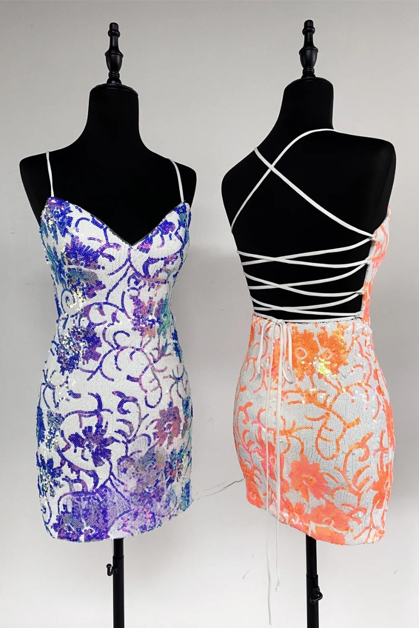 Stylish Sheath Spaghetti Straps Pink Sequins Short Homecoming Dress