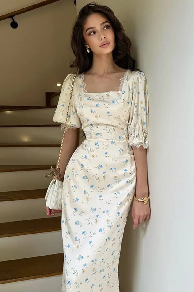 Satin Puff Sleeve Floral Dress in Blue - View 3