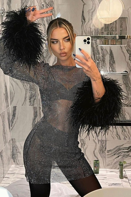 Sequin Mesh Long Sleeve Feather Peplum Waist Mini Cocktail Dress