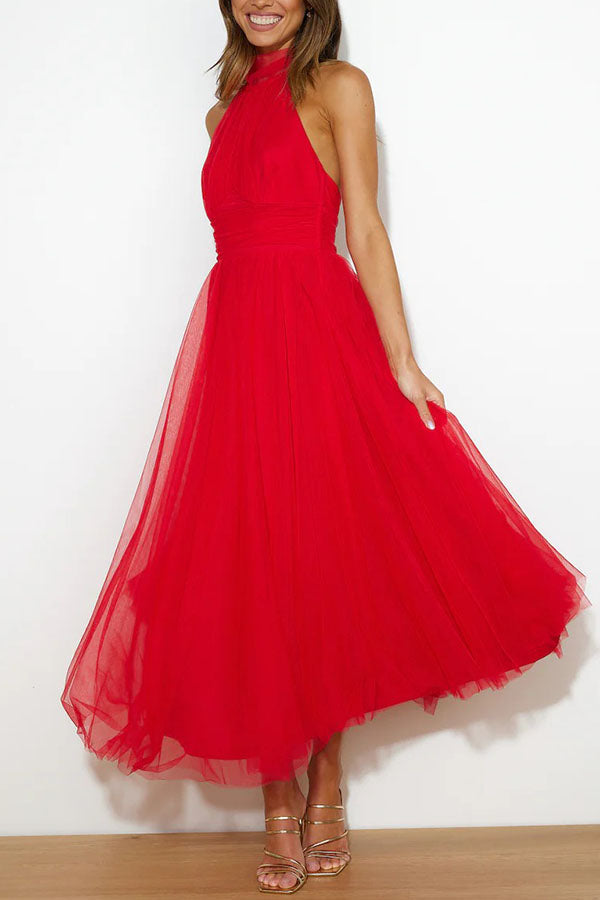Tulle Halter Neck Sleeveless Pleated Bodice Fit and Flare Midi Dress